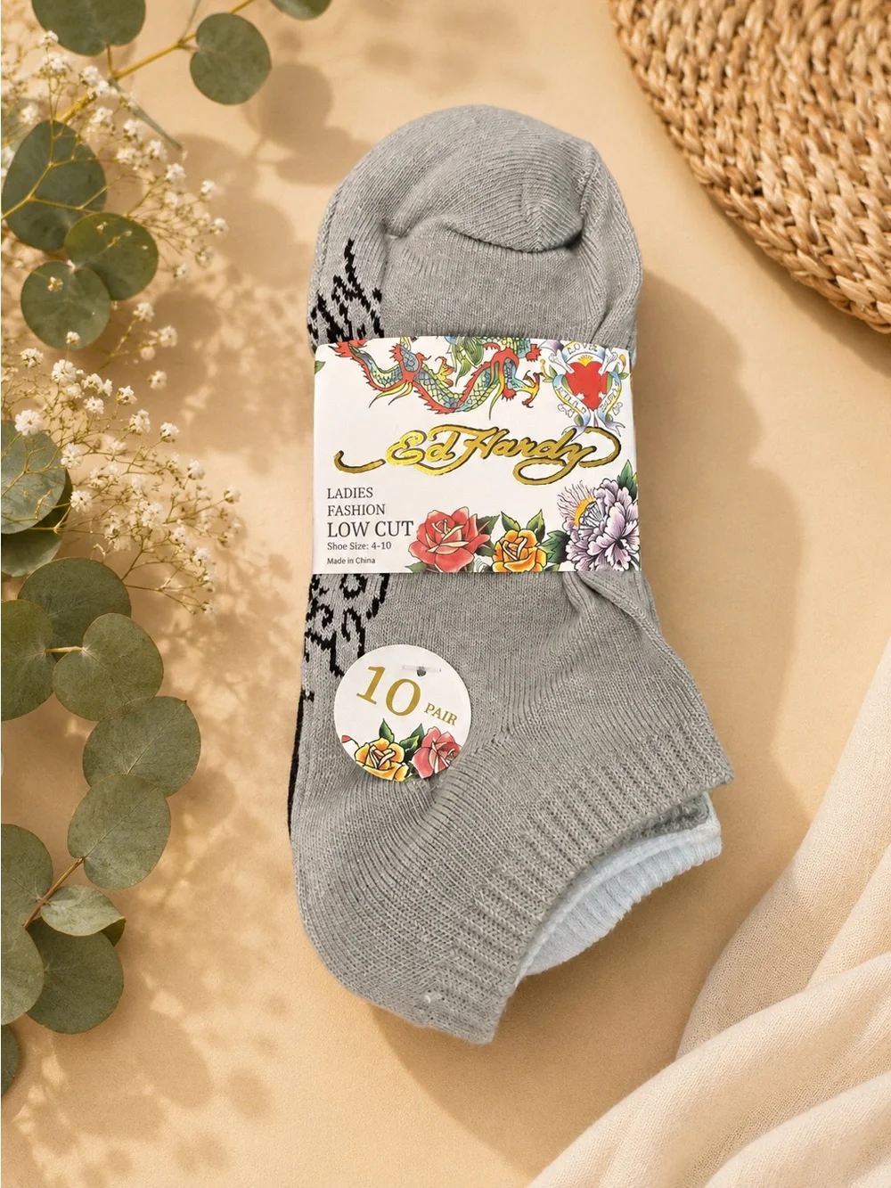 Ed Hardy Gray Low Cut Athletic Socks - 10 Pack